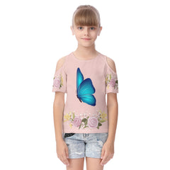Flower Butterfly Cold Shoulder Ruffle Sleeves Kid's T-shirt - T0238
